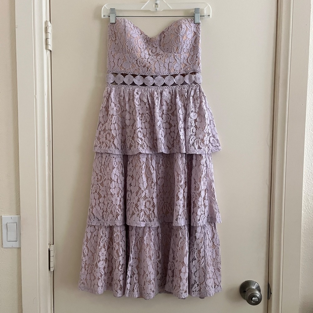 Strapless Tiered Floral Lace Midi Dress S Lilac Fairy Romantic Coquette Ethereal